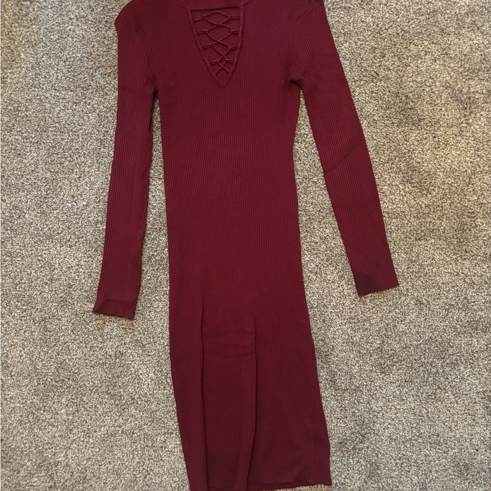 Almost Famous Ribbed Lace-Up Long Sleeve Bodycon Dress - Burgundy
